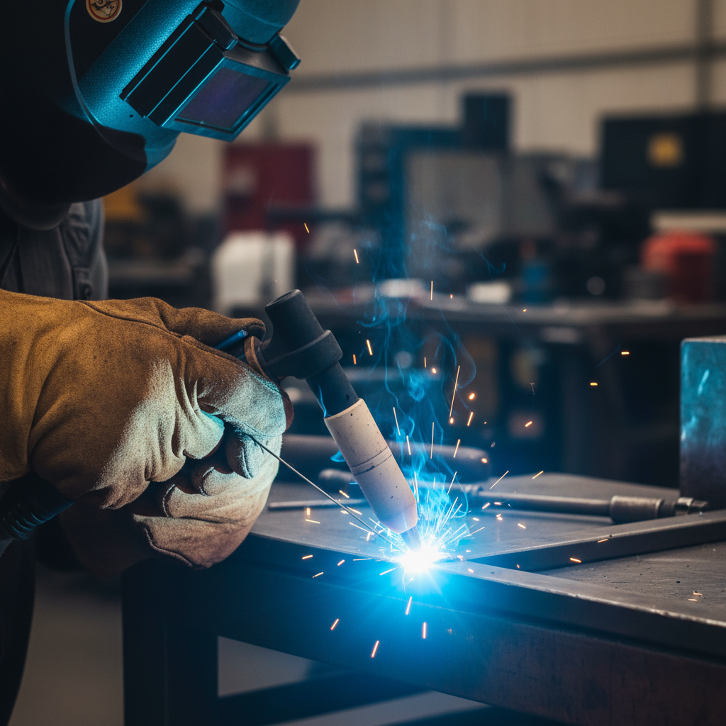 TIG welding process showing a close-up of the torch and electrode