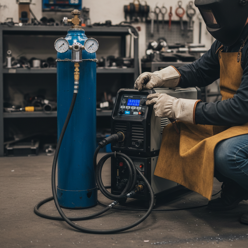 Gase cylinder with regulator settings being adjusted by welder