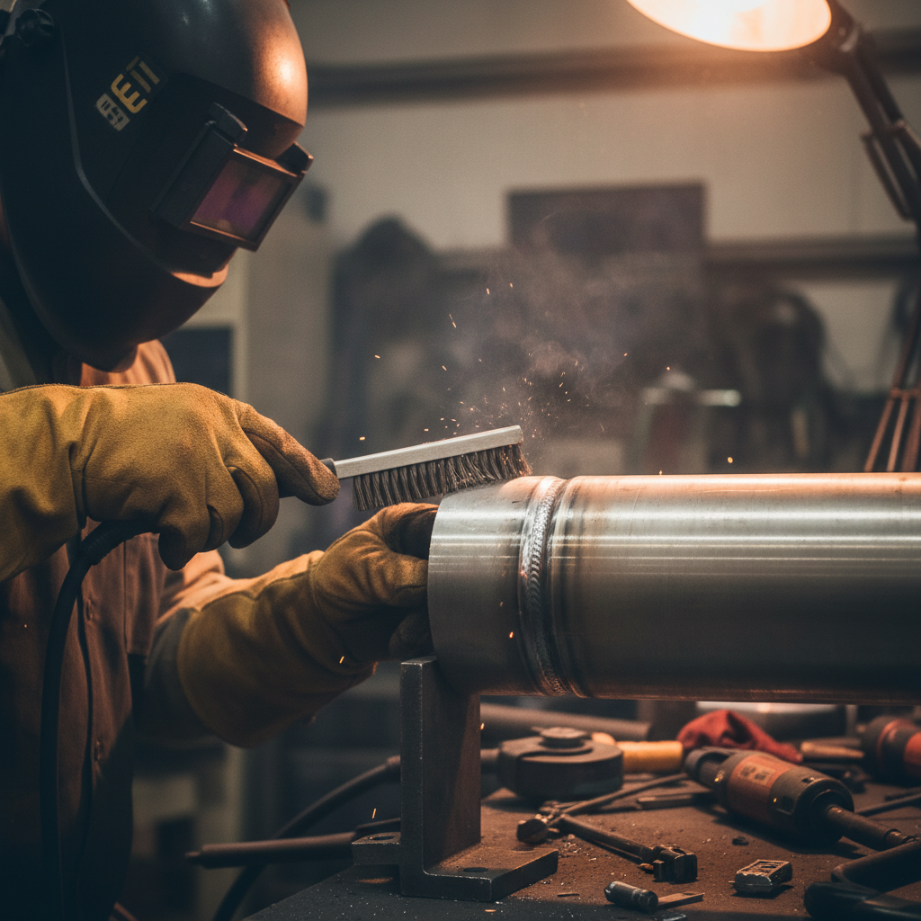 Welder cleaning metal with a stainless steel wire brush