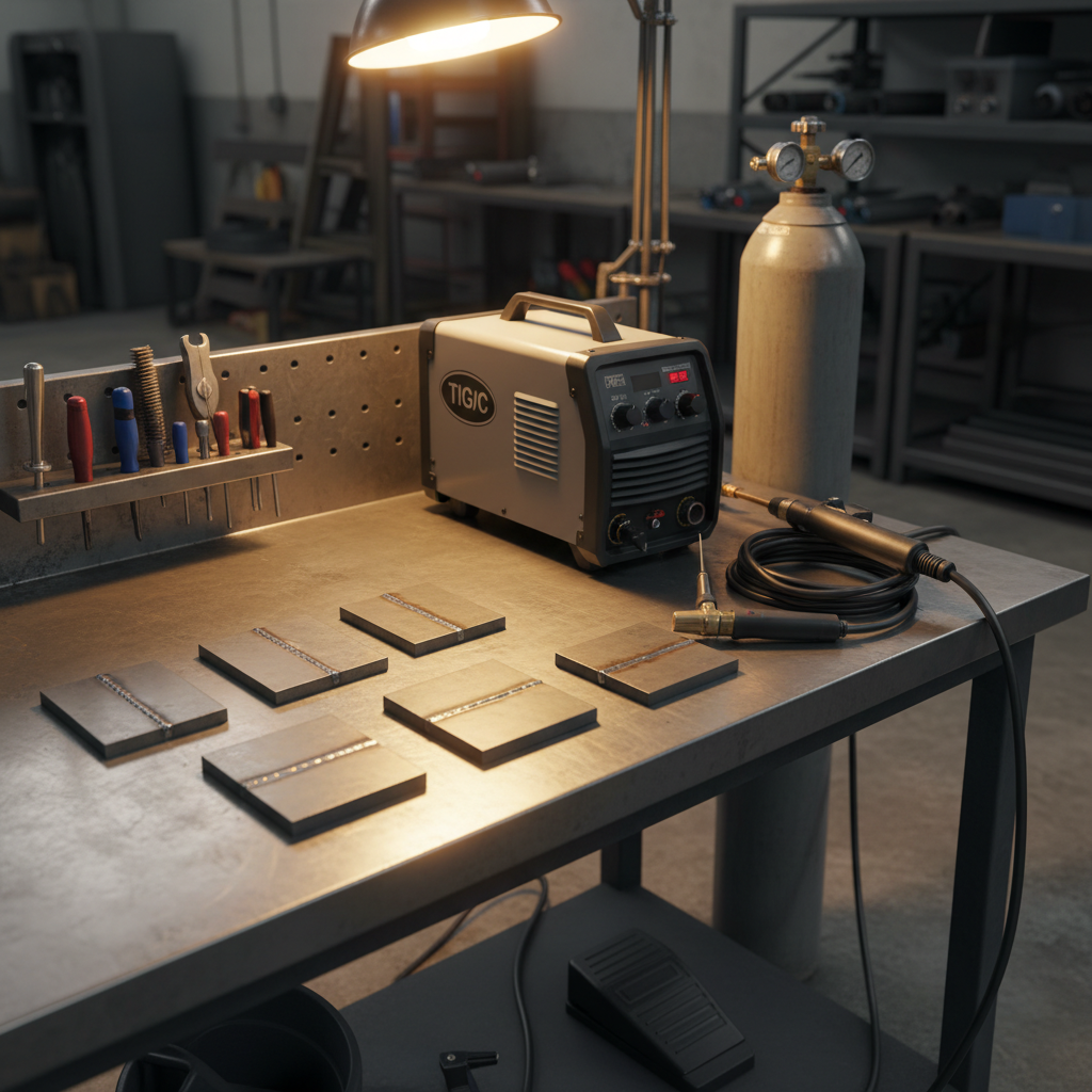 Compact AC/DC TIG welder on a bench with aluminum and stainless practice coupons