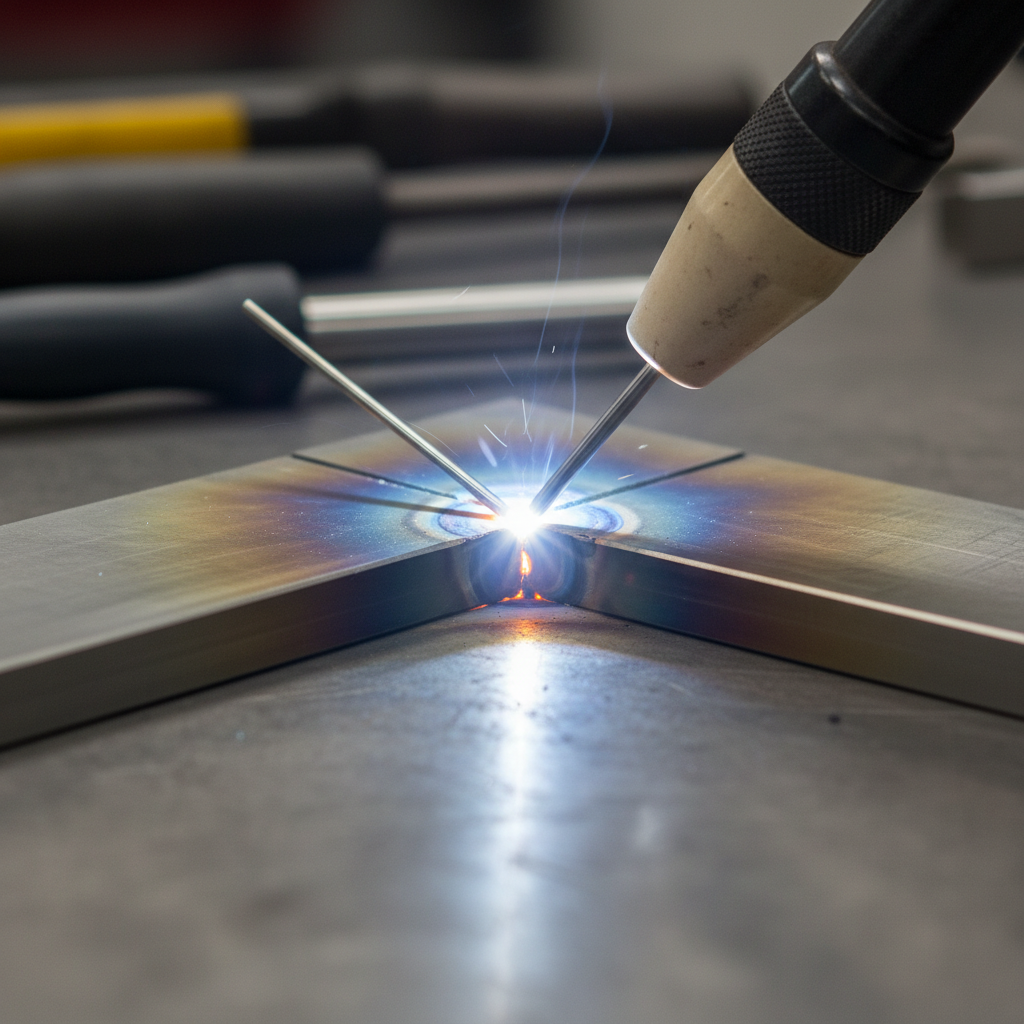 Close-up of TIG torch adding filler into a stainless corner joint with clean heat control