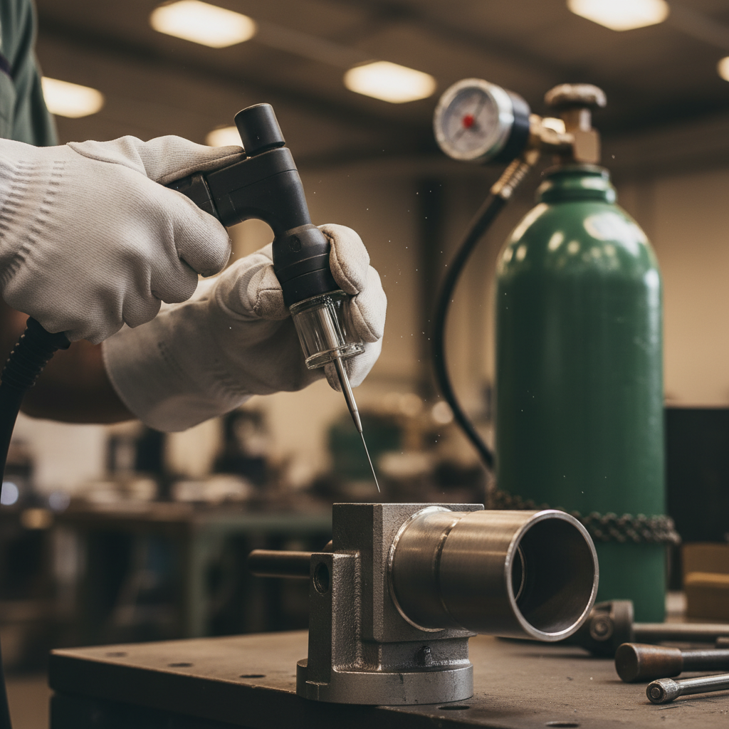 TIG torch with gas lens and sharpened tungsten positioned over a clean stainless joint