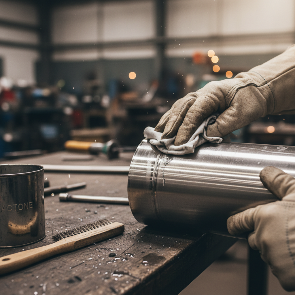 Close-up of stainless TIG joint being solvent-cleaned and brushed to bright metal
