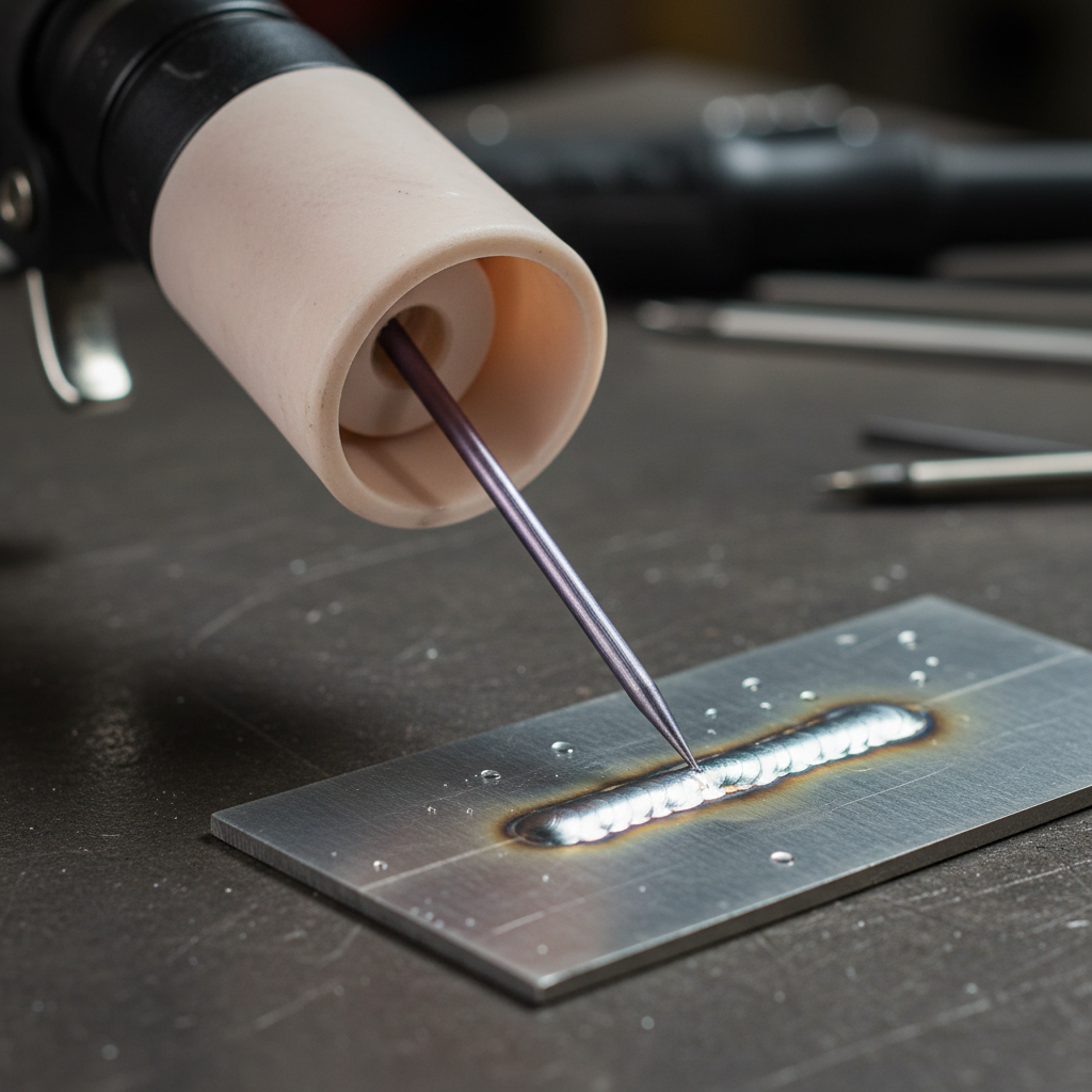 TIG torch with large gas lens cup and finely ground tungsten next to a shiny stainless TIG bead