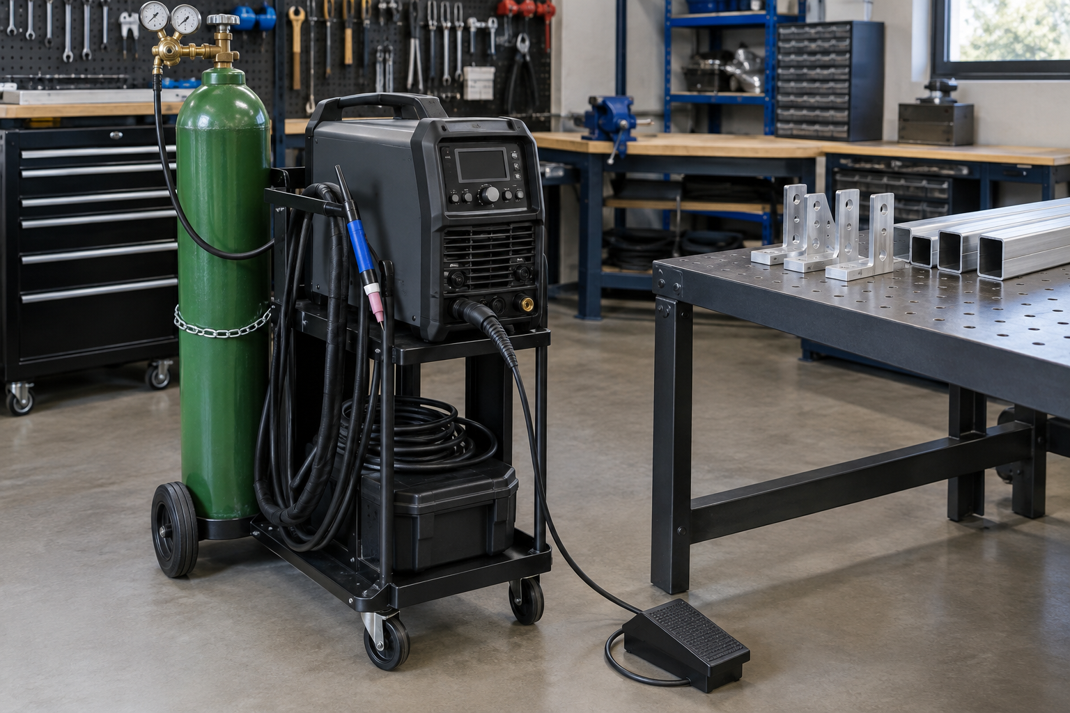 Compact aluminum TIG welding setup with cart, foot pedal, and secured argon cylinder