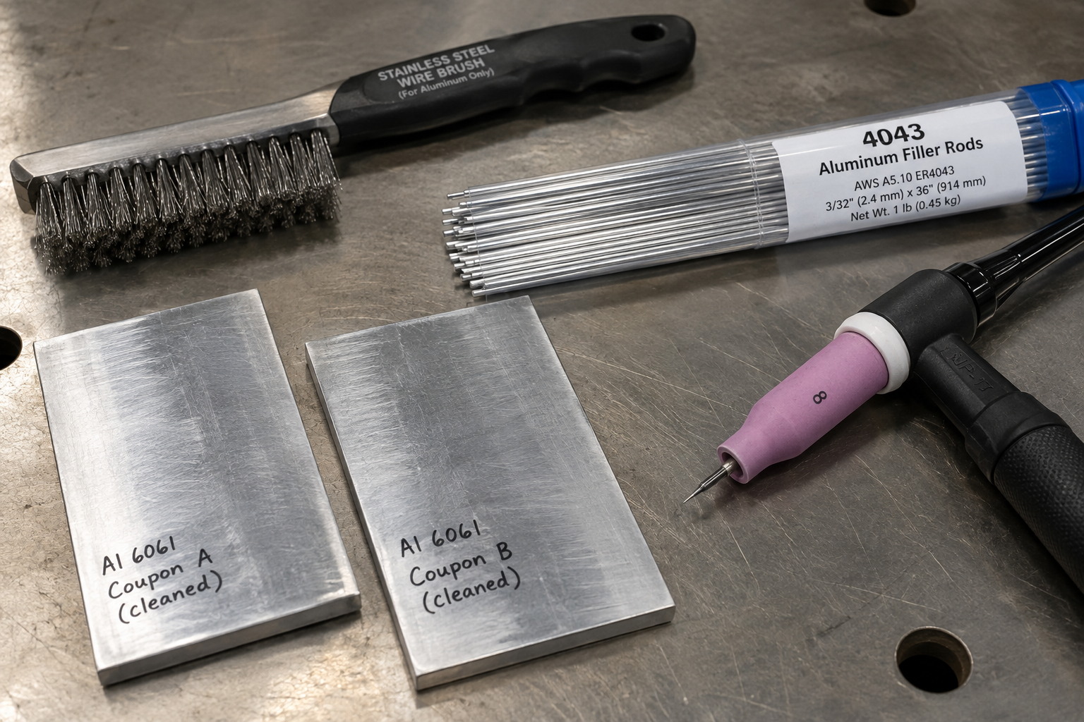 Prepared aluminum coupons beside a dedicated stainless brush, filler rods, and TIG torch