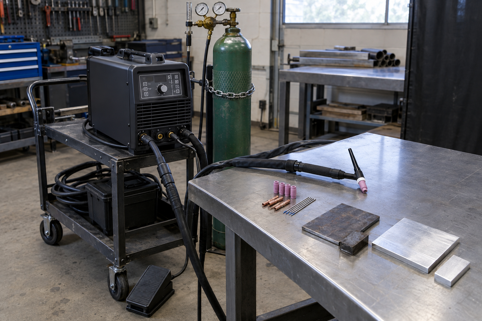 Budget AC/DC TIG welding station with torch, foot pedal, secured argon cylinder, and practice coupons