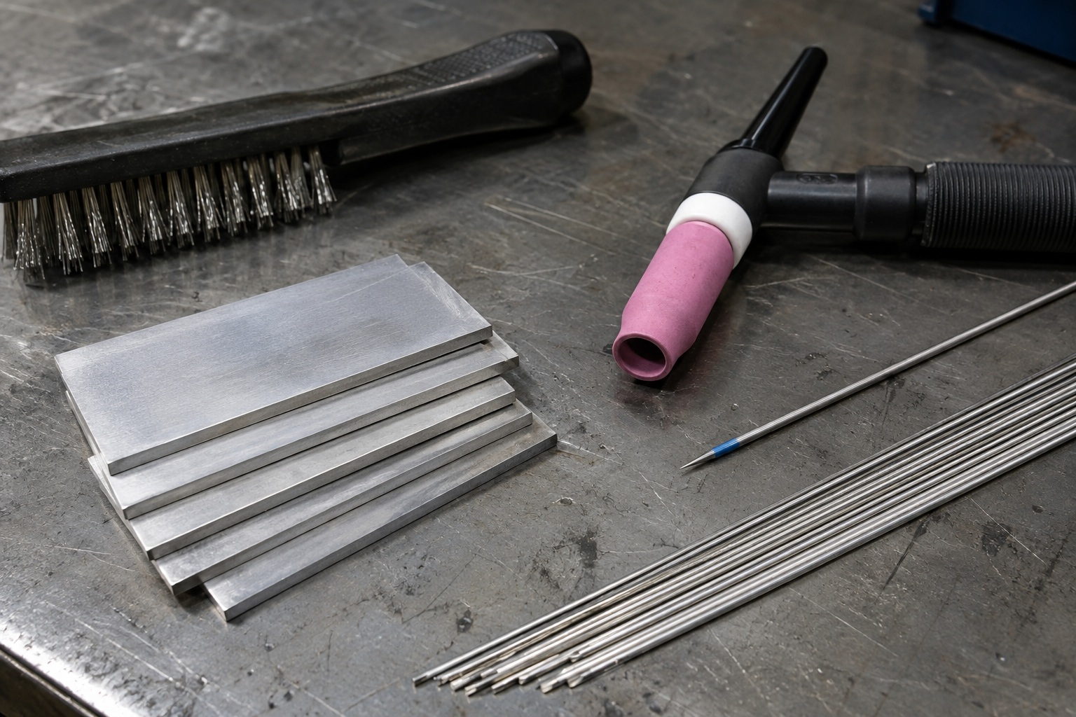 Clean aluminum TIG coupons with dedicated stainless brush, tungsten, gas-lens cup, and filler rods