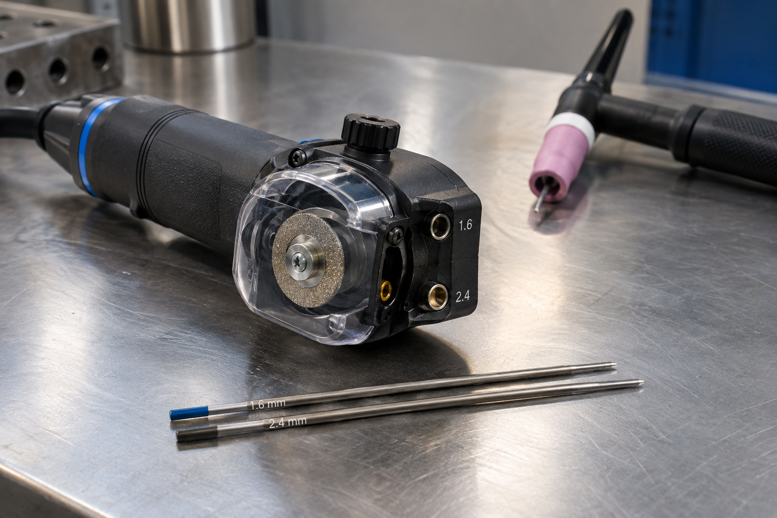 Compact rotary-tool tungsten grinding guide beside two common TIG electrode sizes