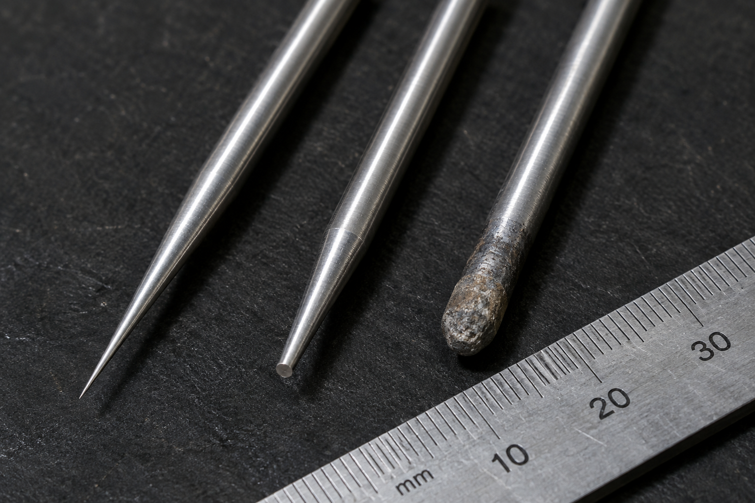 TIG tungsten tips showing different taper lengths, a centered flat, and a contaminated end