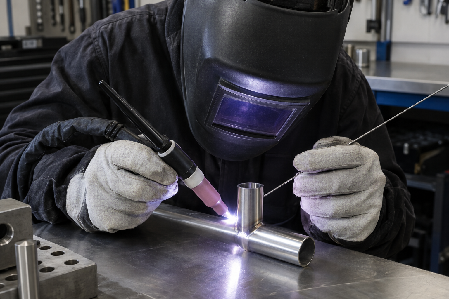 TIG welder working on a thin-wall stainless tube joint with the helmet lowered and both hands supported