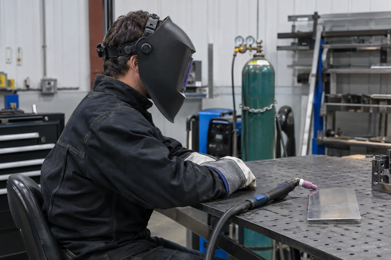 Seated welder checking helmet balance and working posture before starting a TIG weld