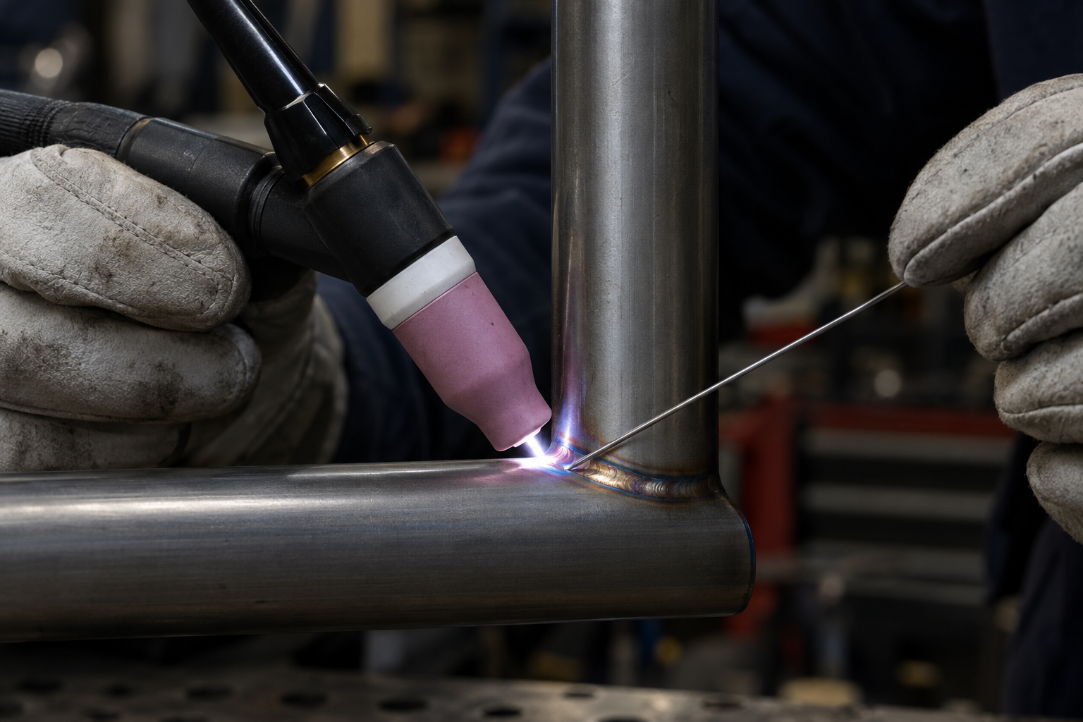 TIG torch and thin filler wire positioned at a small puddle on a 4130 tube joint