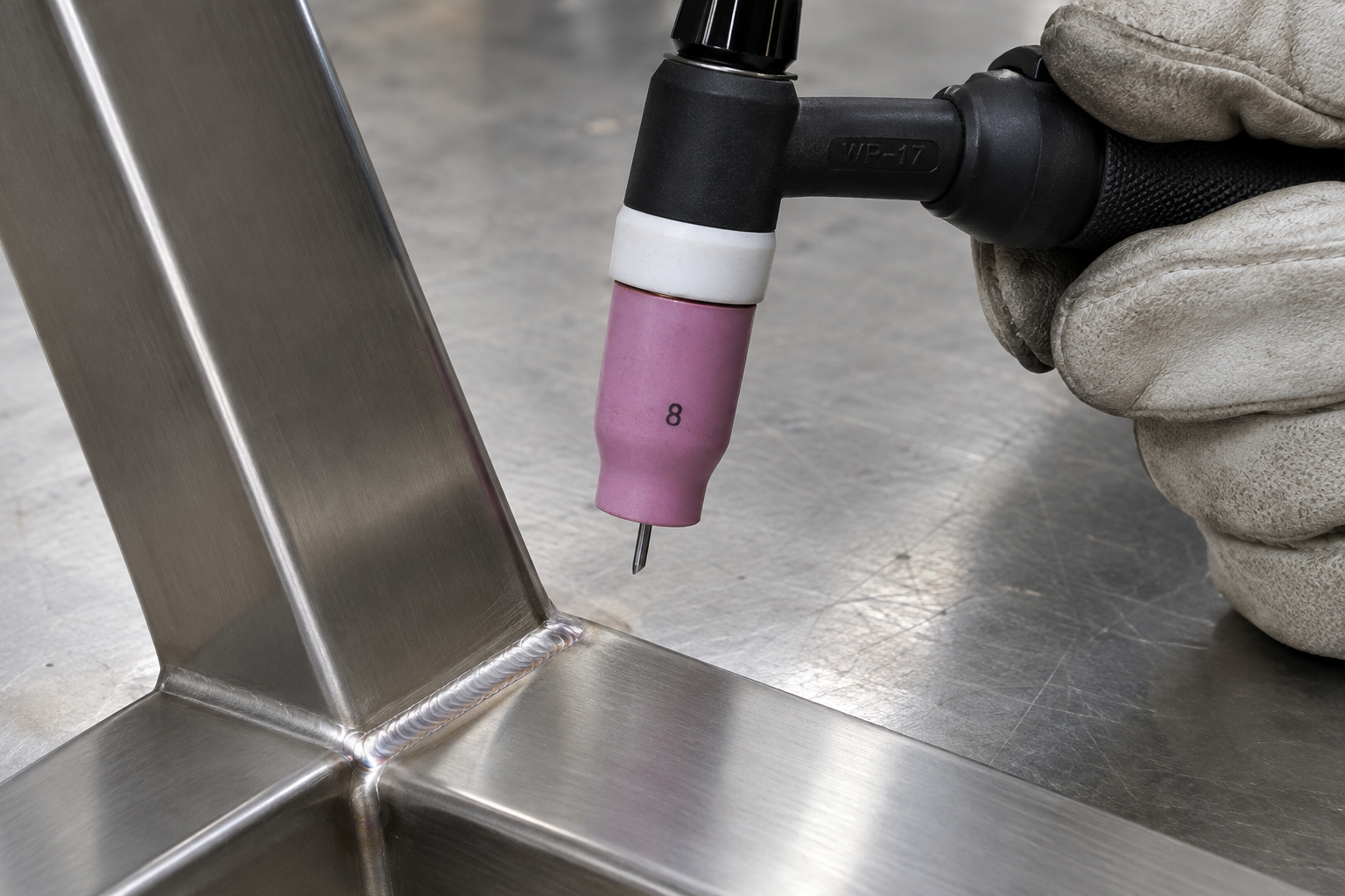 Gas-lens TIG torch held over a narrow stainless weld with short tungsten extension