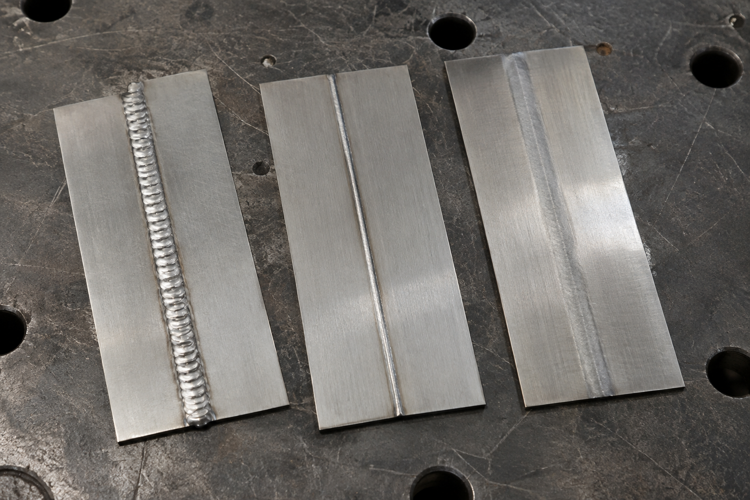 Three stainless TIG coupons comparing rippled, smooth, and blended weld finishes
