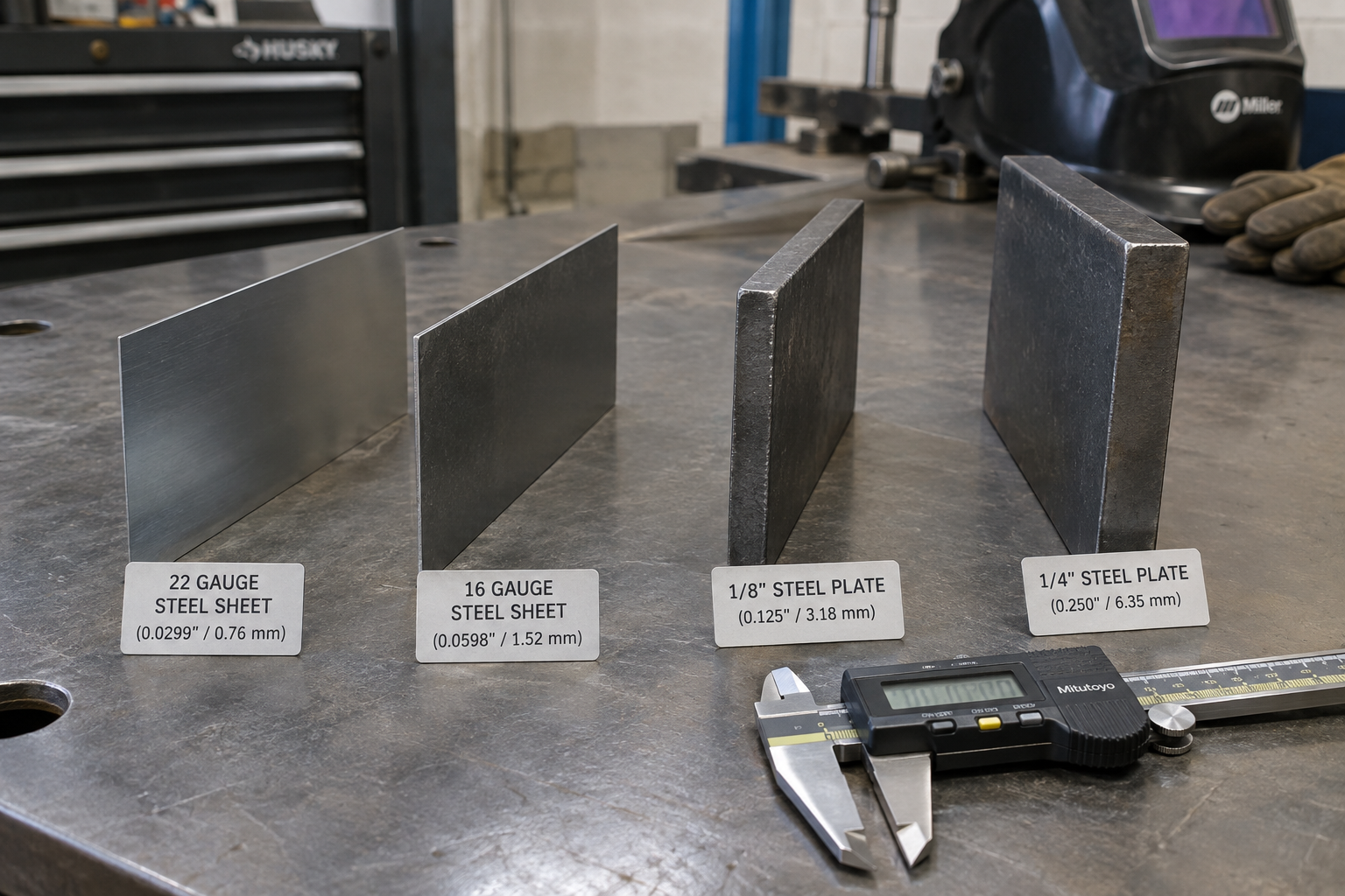 Steel samples showing the thickness difference between 22-gauge sheet and 1/4-inch plate