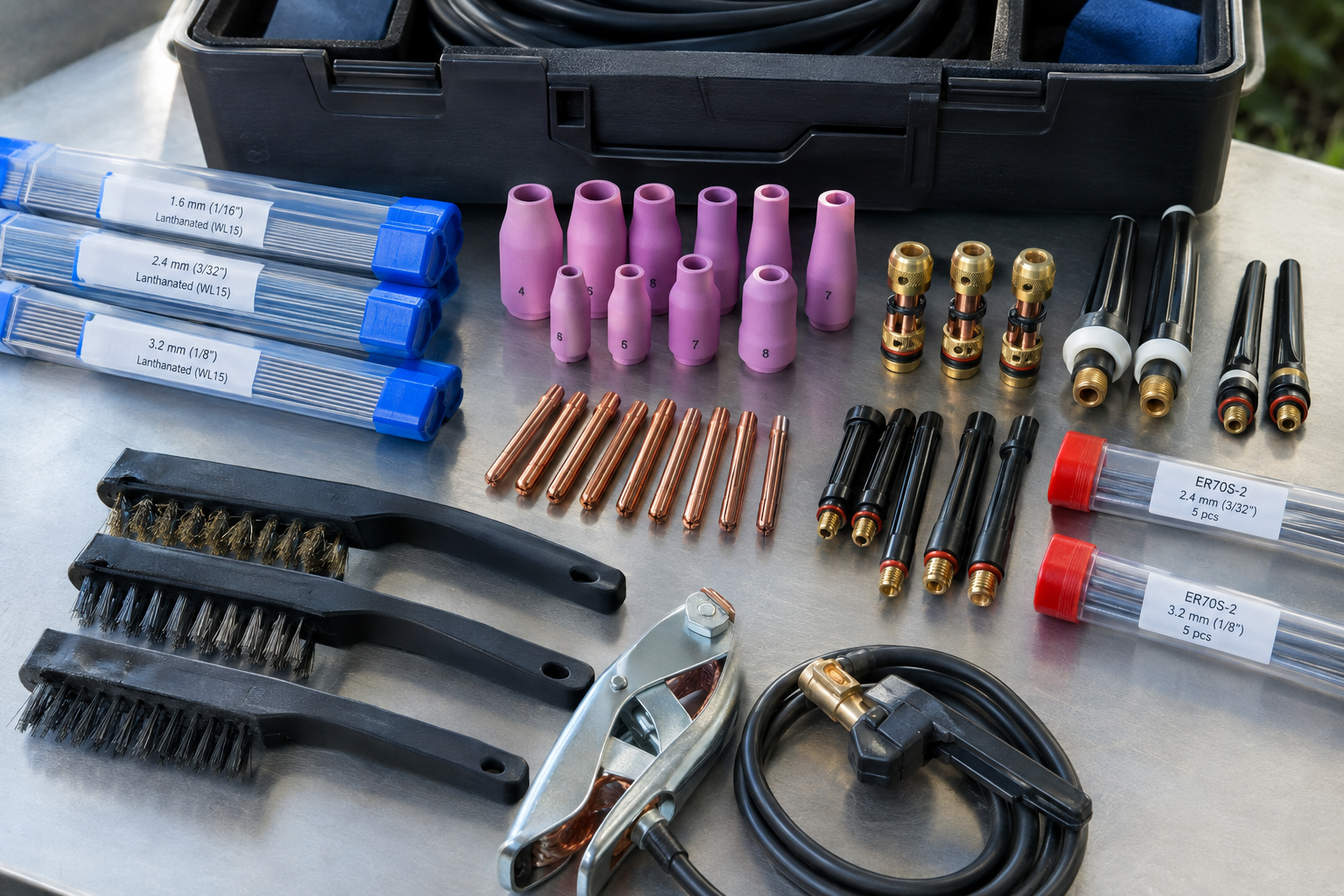 Portable TIG kit containing spare consumables, protected filler rods, brushes, and clamps