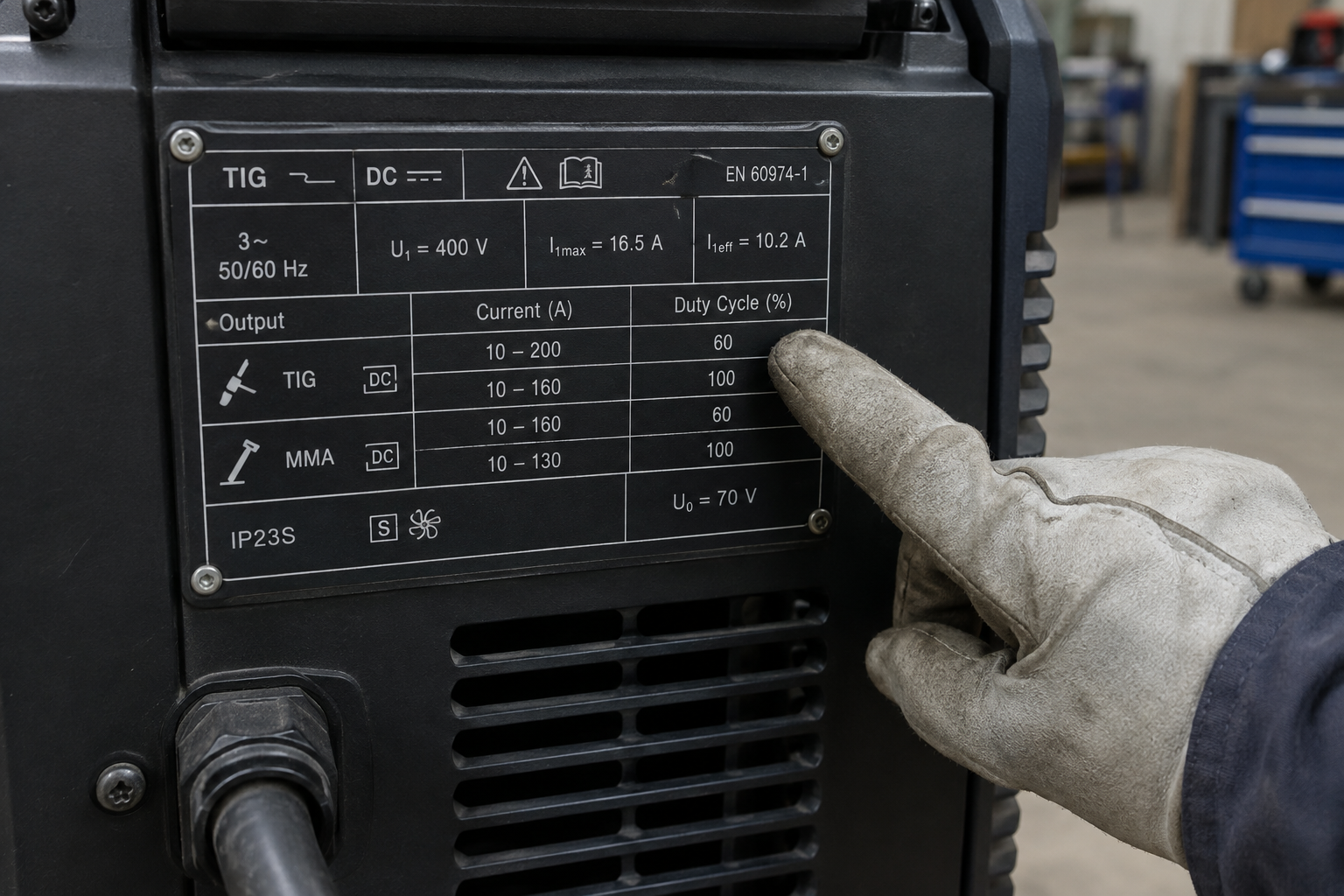 TIG welder rating plate showing where to check output current, duty cycle, and input supply