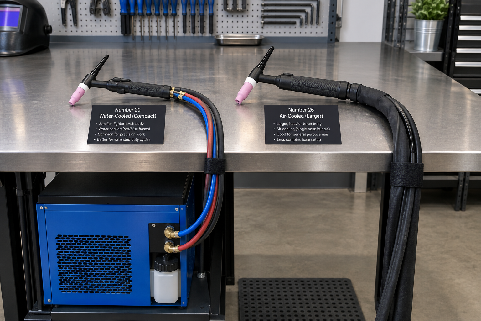 Water-cooled and air-cooled TIG torches with different handle sizes and hose arrangements