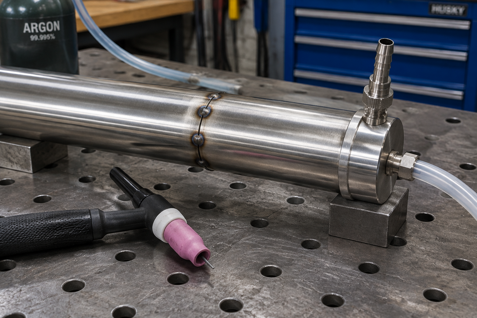 Thin-wall stainless tube butt joint with small tacks, an argon purge inlet, and a separate open vent