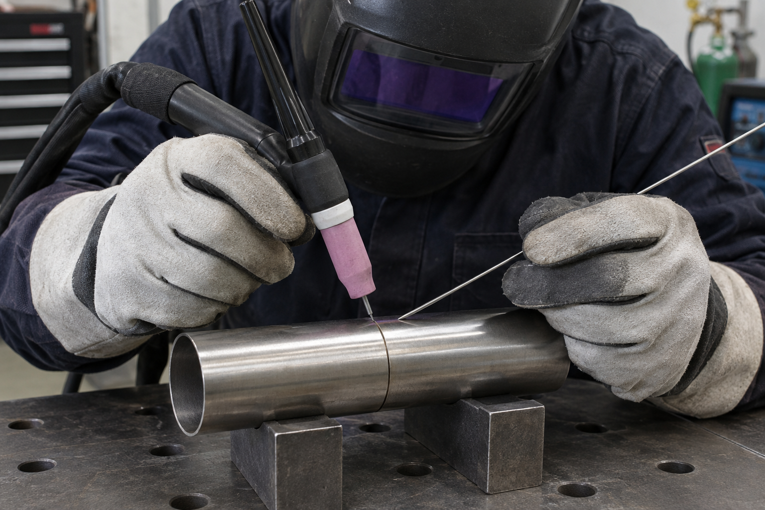 Supported TIG torch and fine filler wire positioned at a thin-wall tube seam with a short tungsten-to-work distance