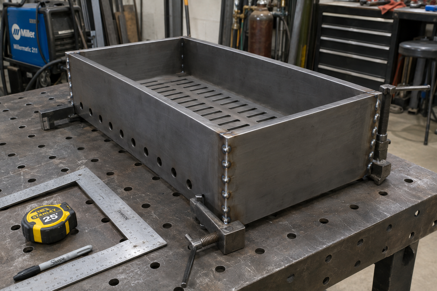 Tack-welded mild-steel grill shell clamped square before final TIG welding