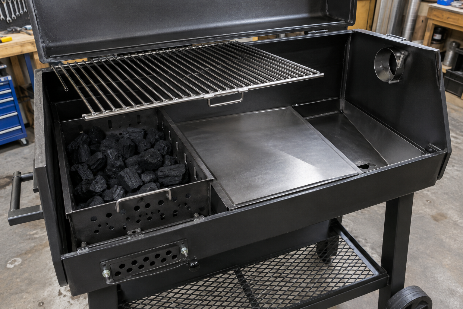 Custom charcoal smoker interior showing removable grate, diffuser, and indirect-cooking drip tray