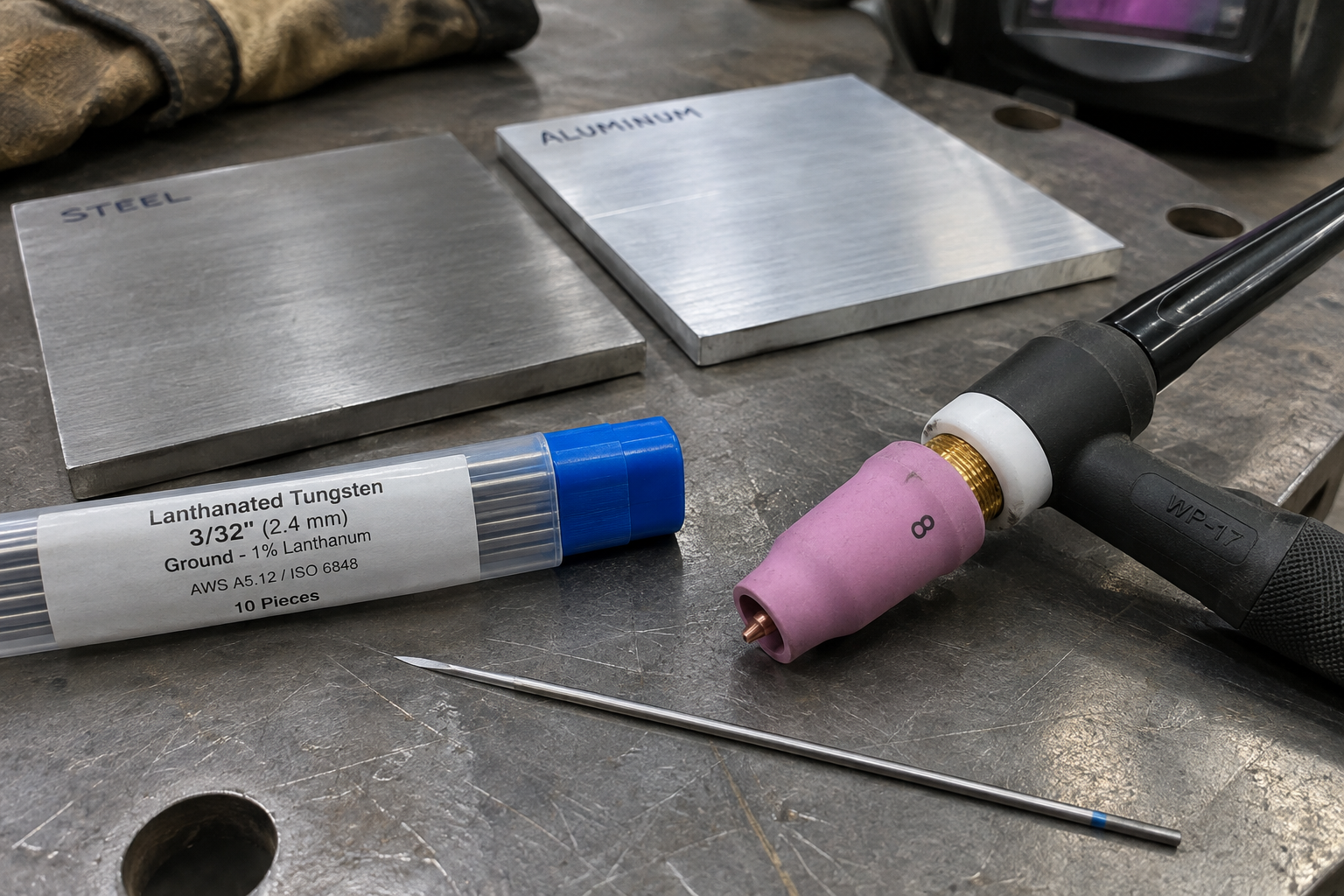 Prepared lanthanated tungsten beside a TIG torch with a number 8 cup and gas lens
