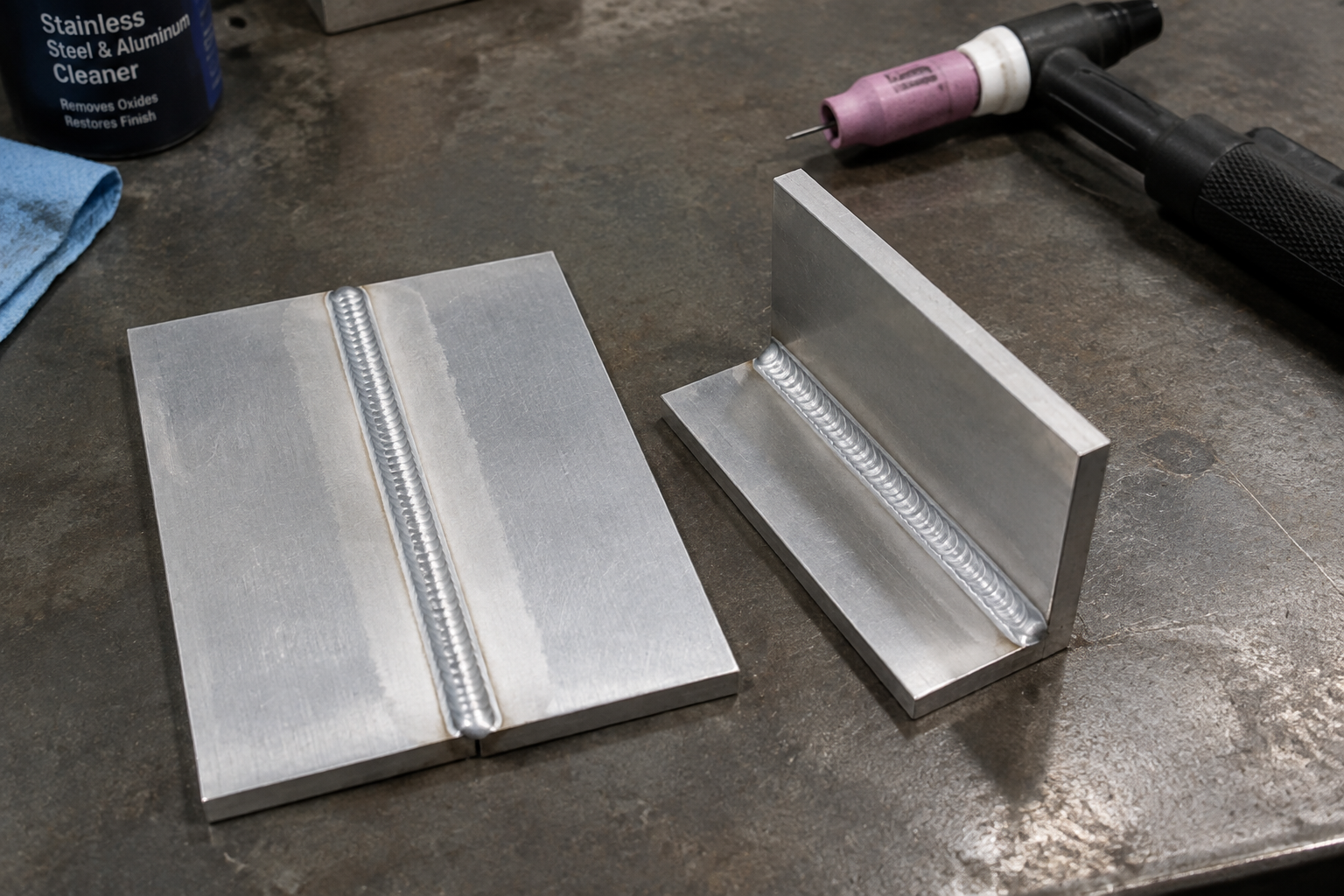 Aluminum TIG butt and fillet weld coupons with visible cleaning zones beside the beads