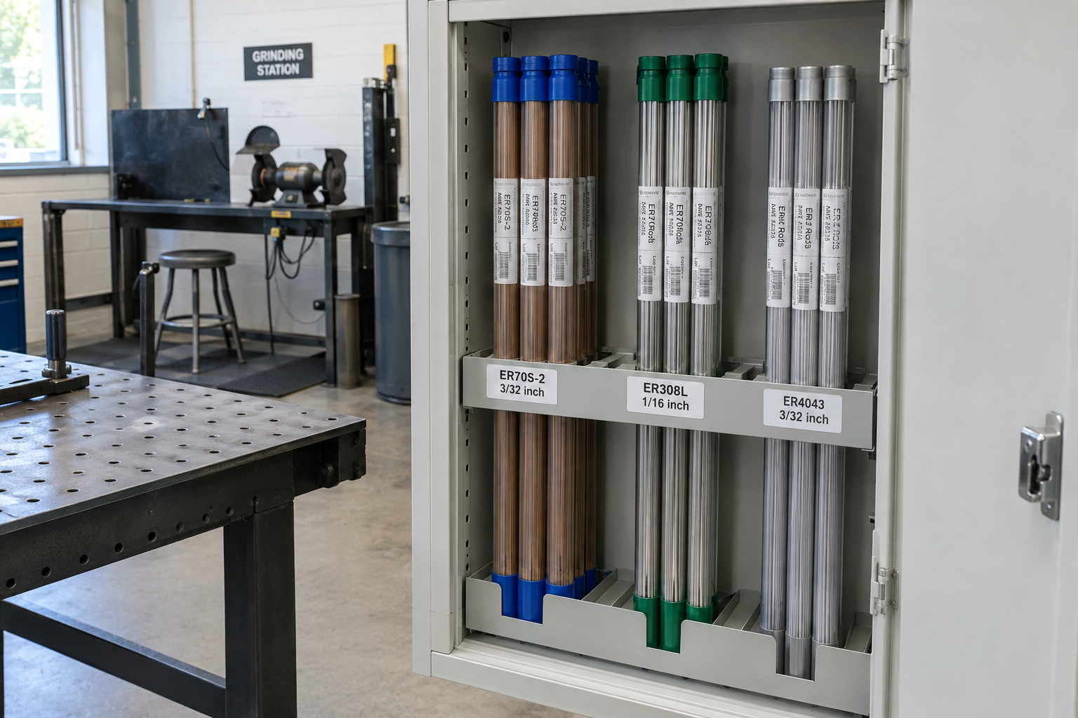 Capped TIG filler rod tubes separated by alloy and diameter in a protected shop cabinet