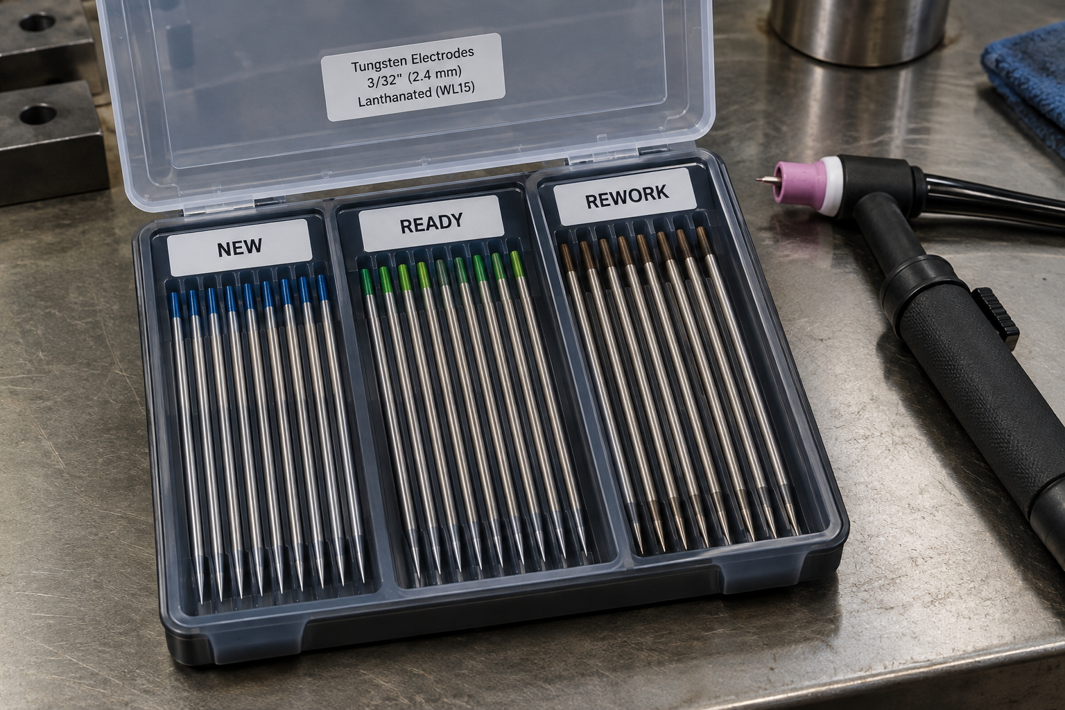Tungsten electrode organizer separating new, sharpened, and contaminated electrodes