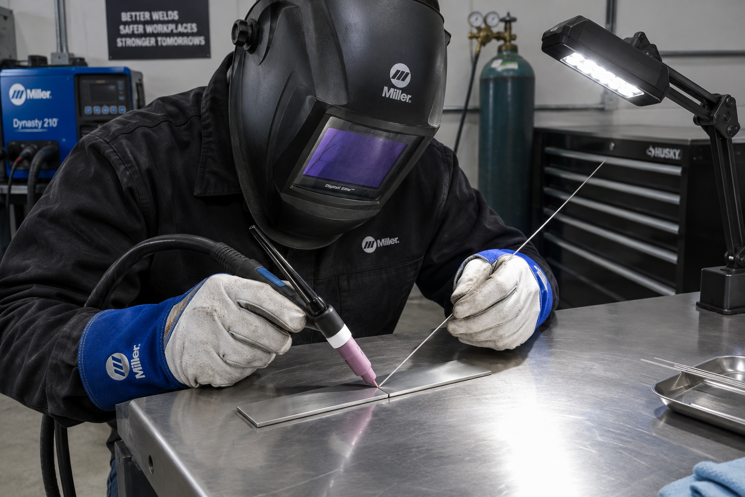 Side-mounted LED task light illuminating a TIG butt joint without shining toward the welding helmet