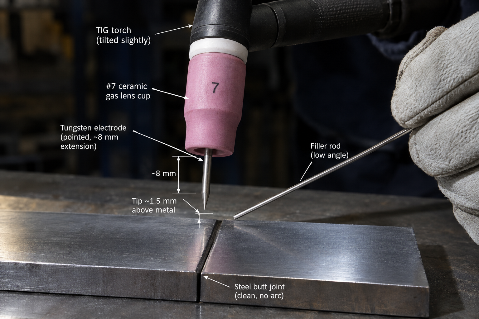TIG gas-lens cup with moderate tungsten stickout and a short arc gap above a practice joint