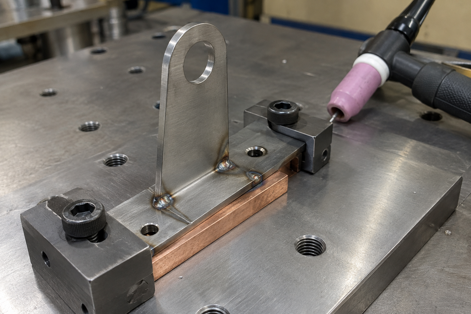 Thin stainless instrument bracket located on a fixture plate with copper backing under the joint