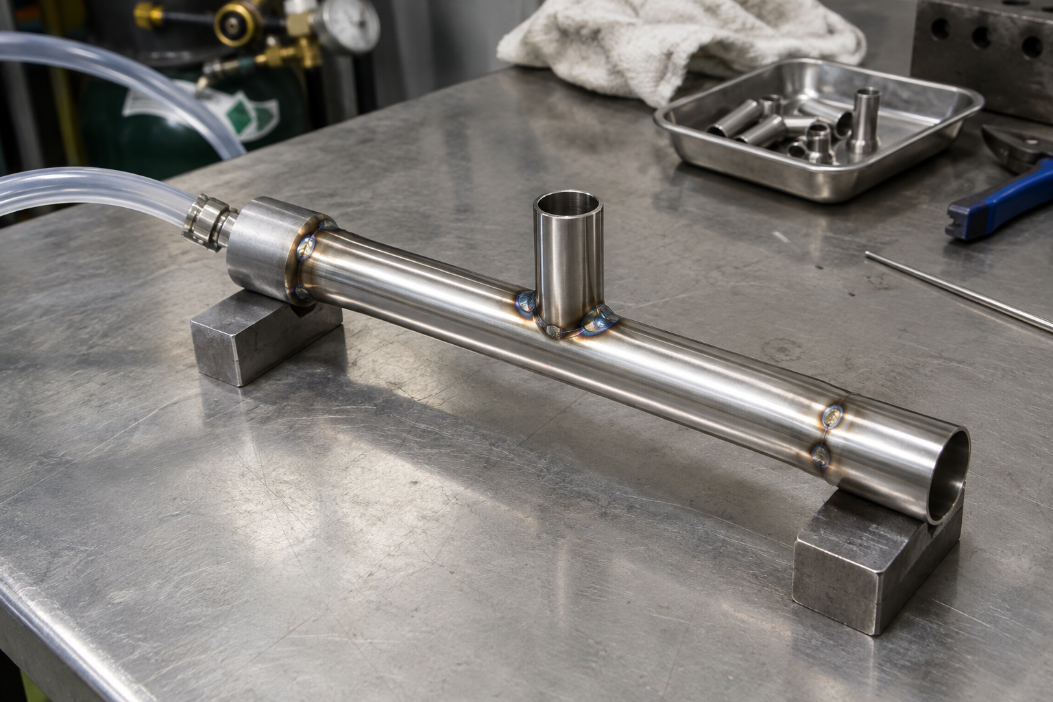 Thin-wall stainless tubing prepared with balanced tacks and a vented argon purge