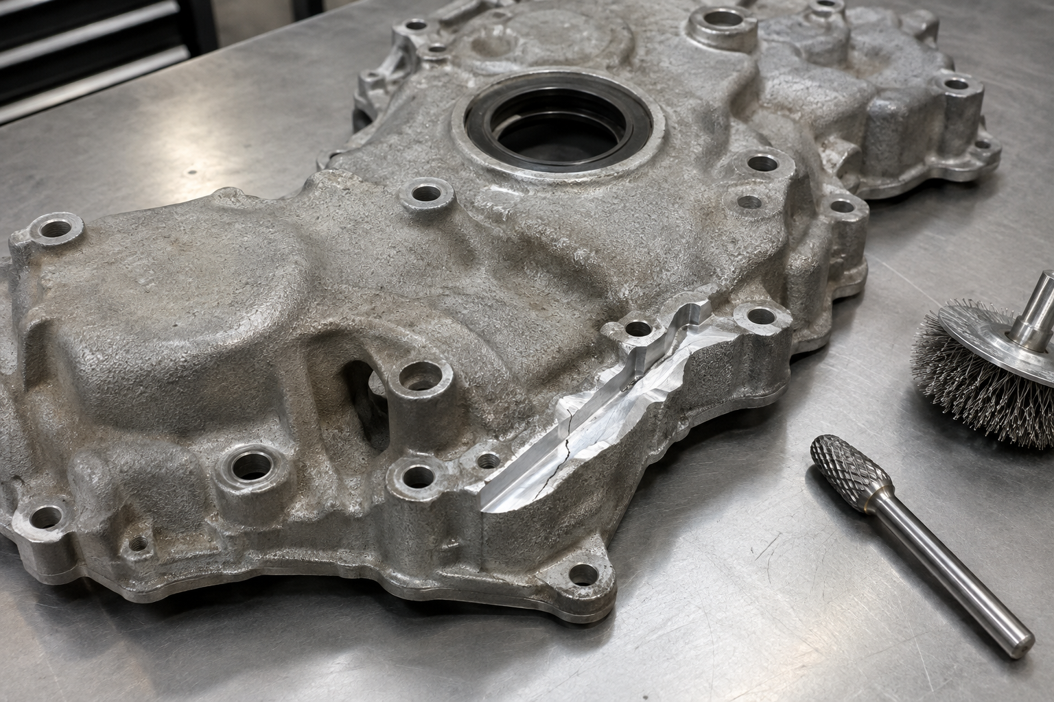 Cast aluminum timing cover with a crack excavated into a clean V groove before TIG welding