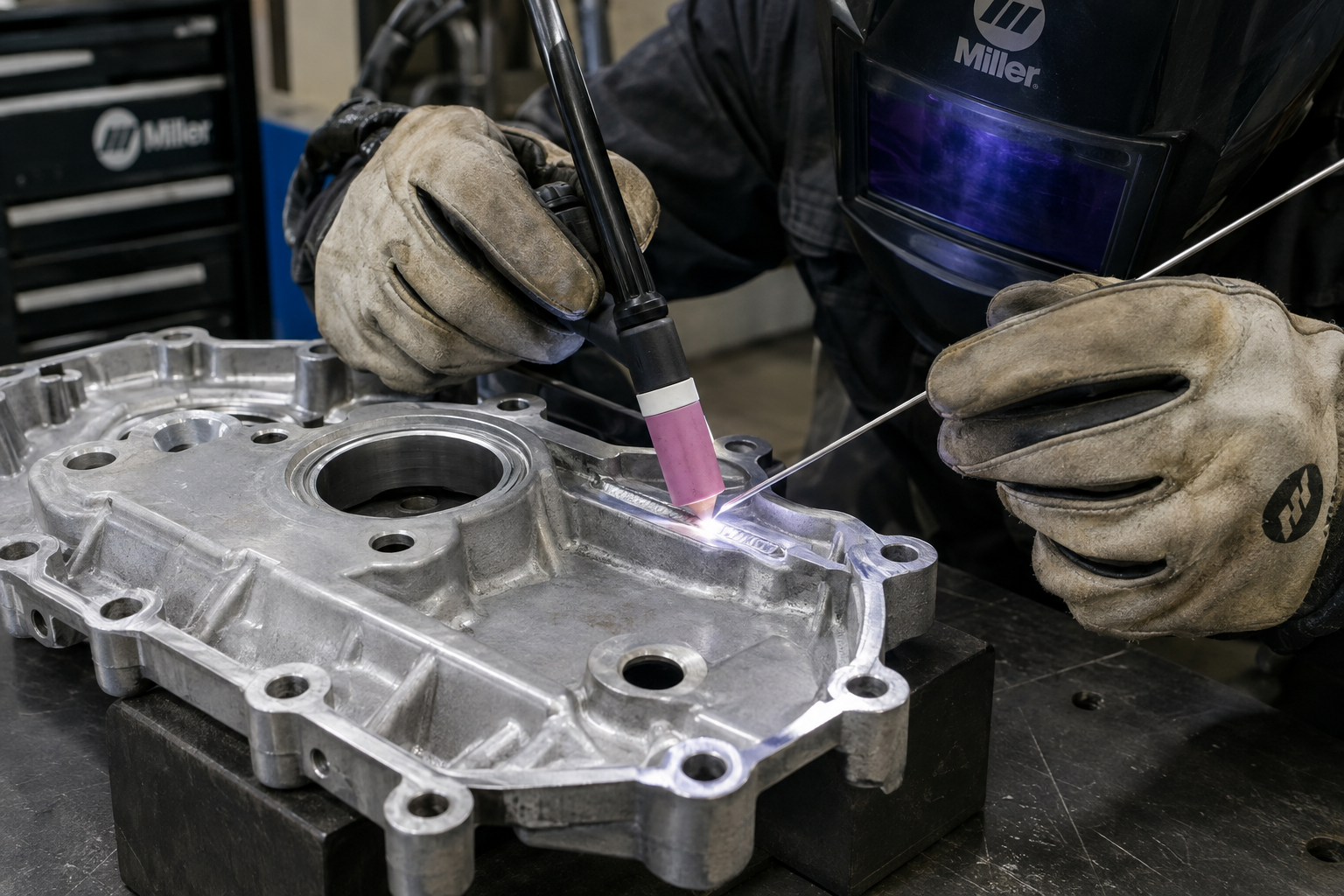 Short TIG weld segment joining a prepared groove in a cast aluminum engine cover