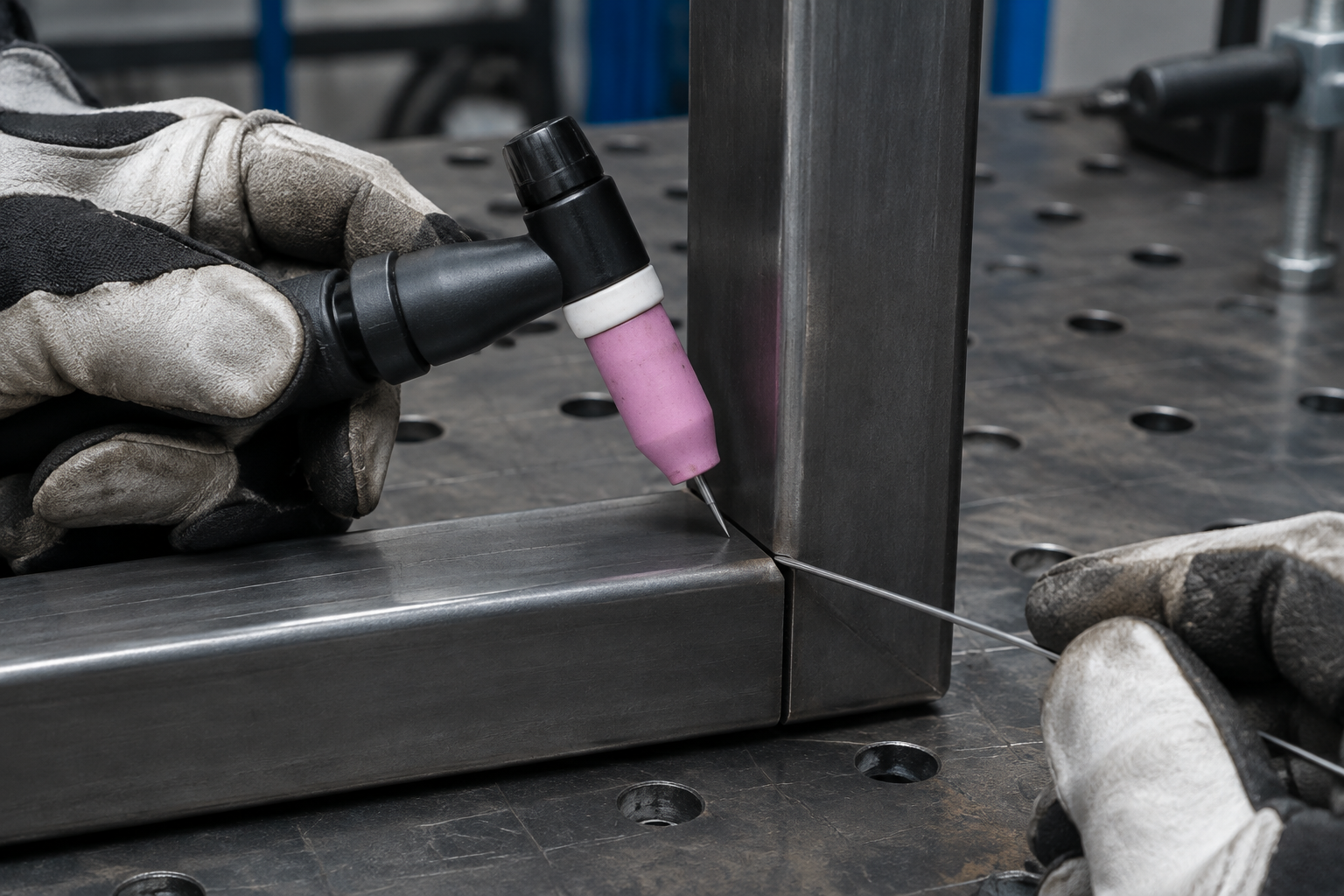 Compact TIG torch and filler rod positioned inside a square tubing frame corner to check access before welding