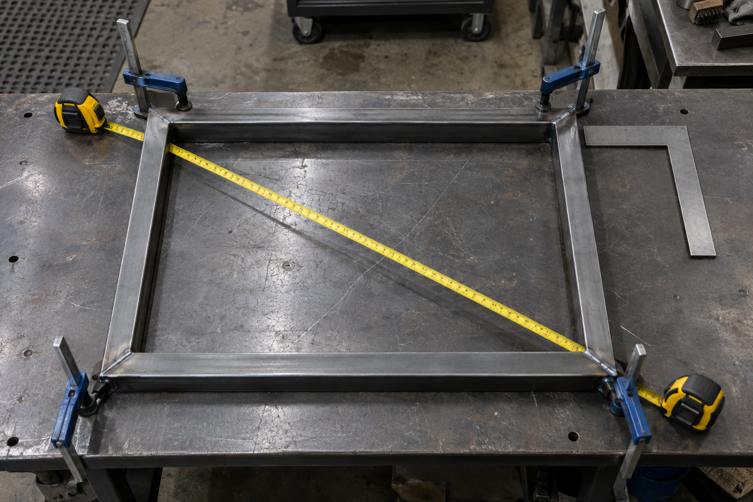 Tack-welded square tubing frame on a flat table with diagonal measurements checked before final TIG welding