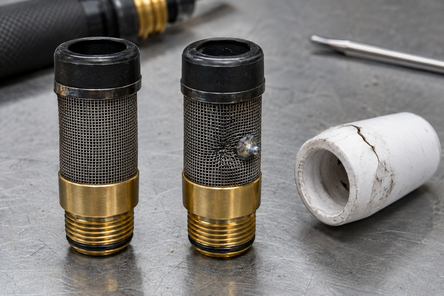 Intact TIG gas lens beside a damaged lens with dented screens and fused metal contamination
