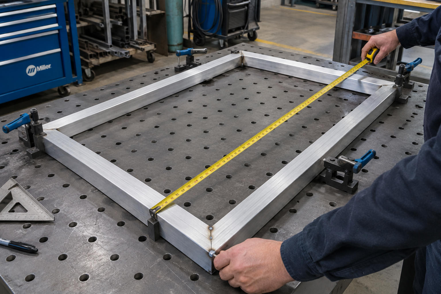 Aluminum tube frame clamped flat while its diagonal is checked before finish welding