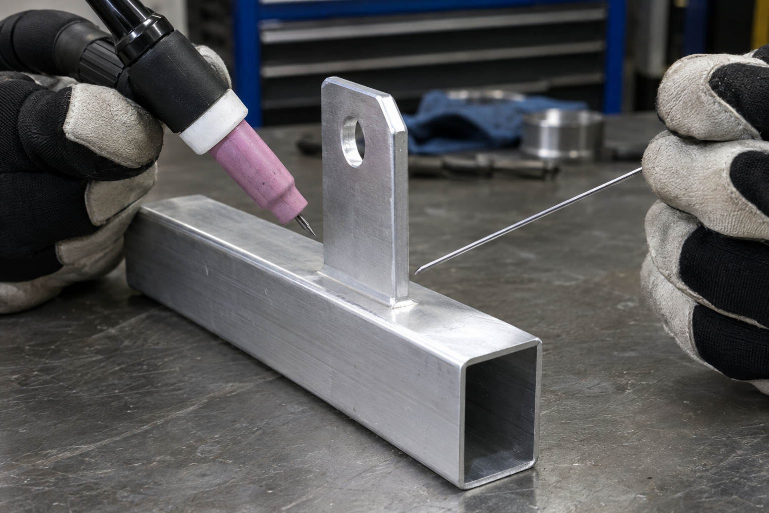 TIG torch positioned toward a thicker aluminum bracket where it meets thin-wall square tubing